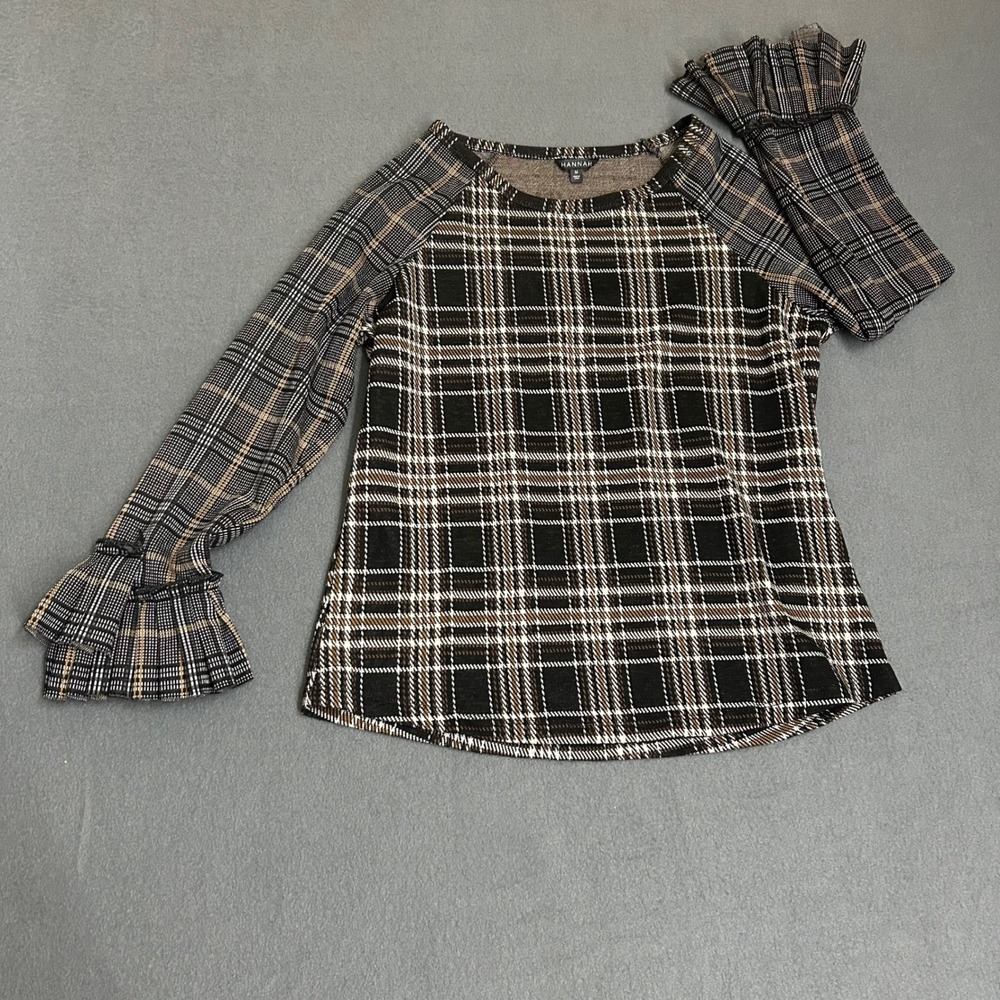Hannah Plaid Ruffle Cuff Top Womens Medium Black Brown Excellent